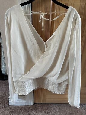BCX Ivory Surplice Long-Sleeve Blouse with Smocked Hem